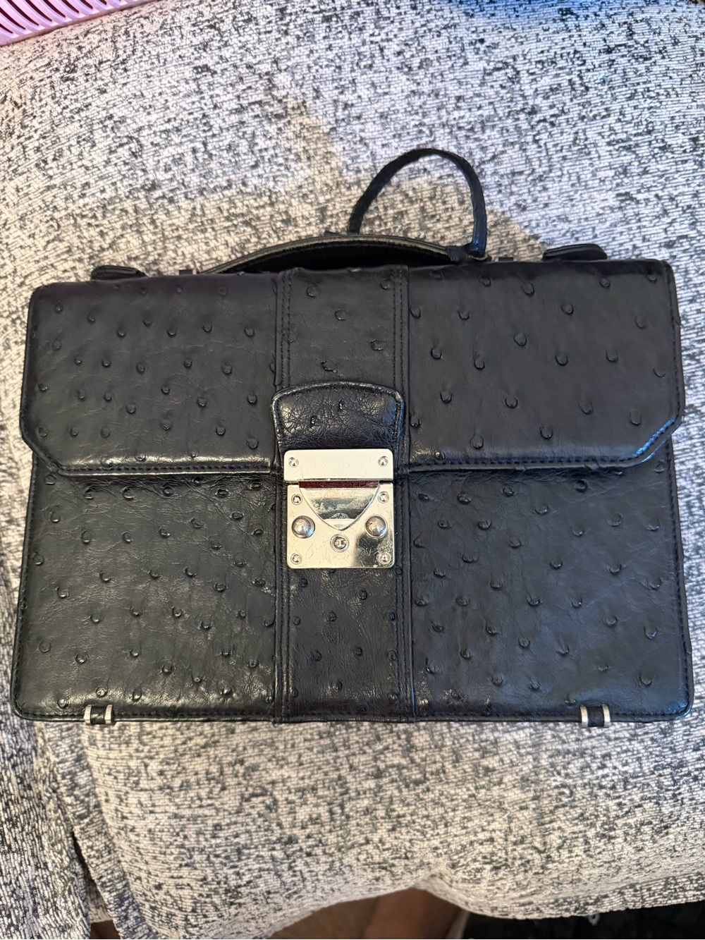 Classic Black Women's Satchel (Ostrich)with Silver Push-Lock